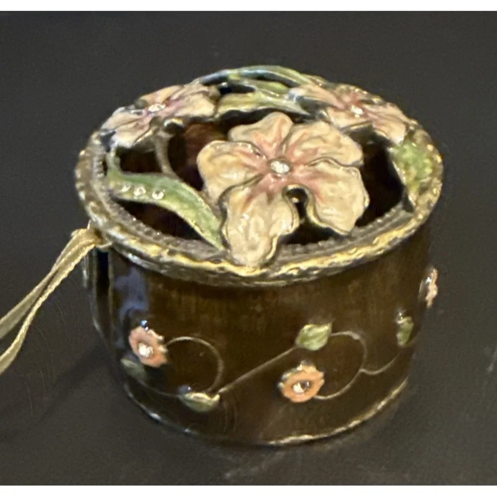 Collette‎ Et Cie Genuine Czech Crystal Floral  Enamel Trinket Stamp Jewelry Box